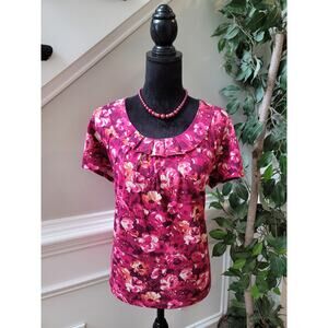 St. John Bay Blouse Women's Size P|L Multicolor Floral Ruffle Scoop Neck Top
